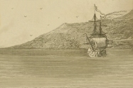 Imaginary depiction of Charles Perry's ship wind-bound under Cape Papas of Nicaria, circa 1740